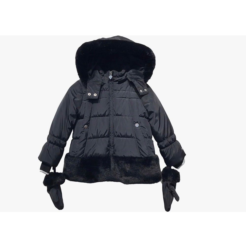 London Fog Girls Black Faux Fur Trim Puffer Jacket with Mittens 18M L220562